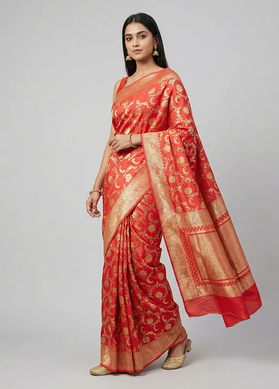 Pink Dupion Silk Saree With Blouse Piece One Size