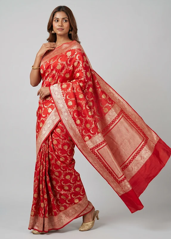 Red Dupion Silk Saree With Blouse Piece One Size