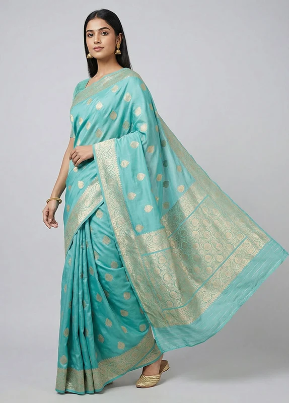 Blue Dupion Silk Saree With Blouse Piece One Size