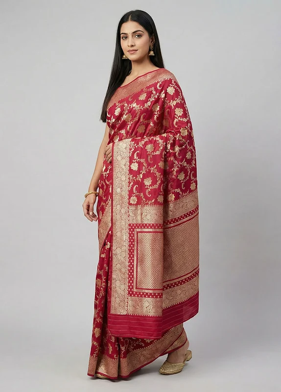 Pink Dupion Silk Saree With Blouse Piece One Size