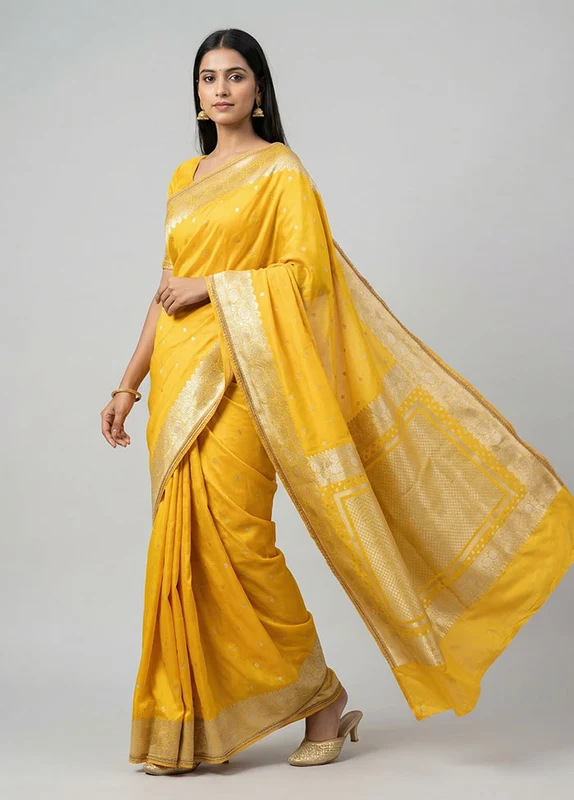 Yellow Dupion Silk Saree With Blouse Piece One Size