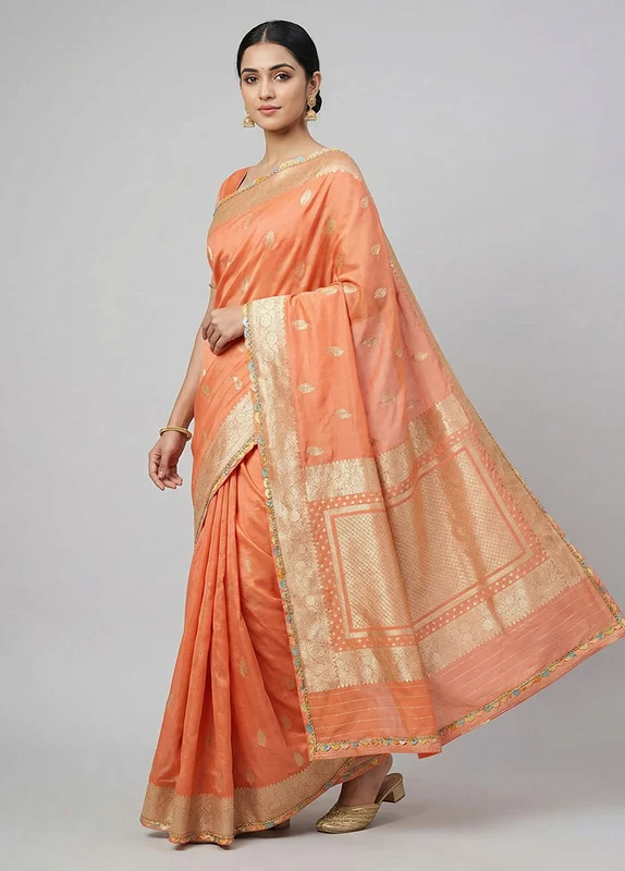Peach Dupion Silk Saree With Blouse Piece One Size