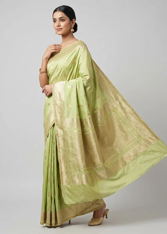 Green Dupion Silk Saree With Blouse Piece One Size