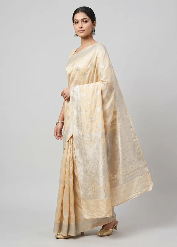 Yellow Dupion Silk Saree With Blouse Piece One Size