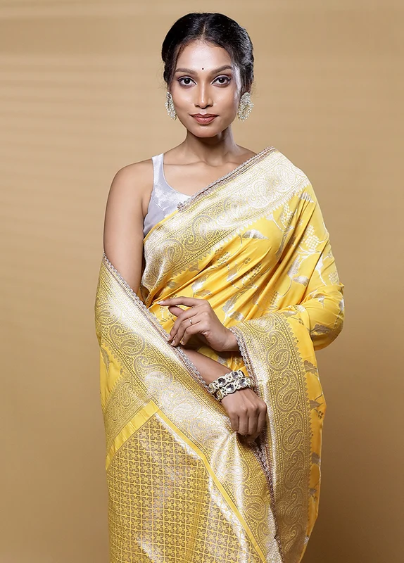 Yellow Dupion Silk Saree With Blouse Piece Onesize