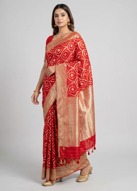 Red Dupion Silk Saree With Blouse Piece One Size