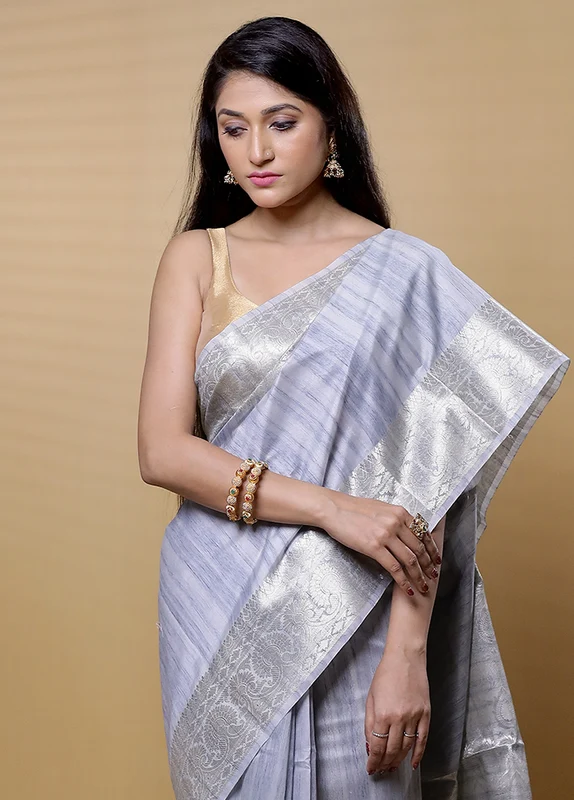 Grey Dupion Silk Saree With Blouse Piece Onesize