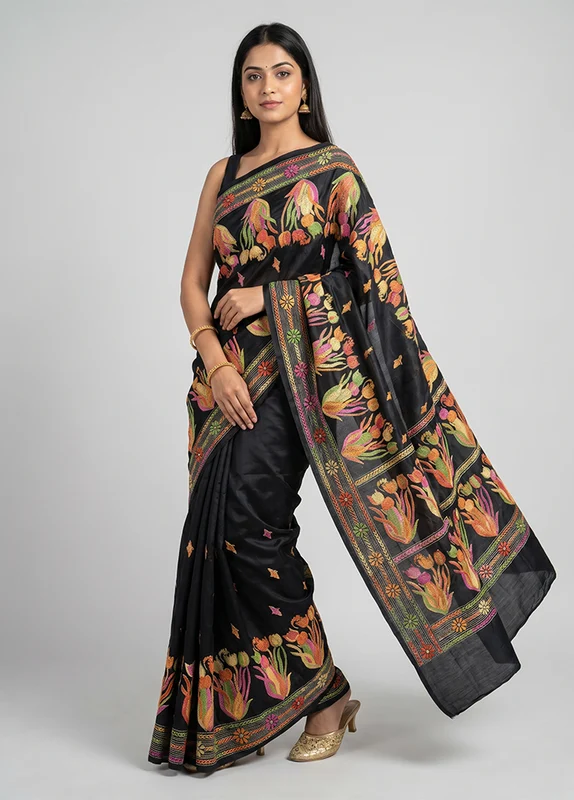Black Kantha Stitch Silk Saree With Blouse Piece One Size