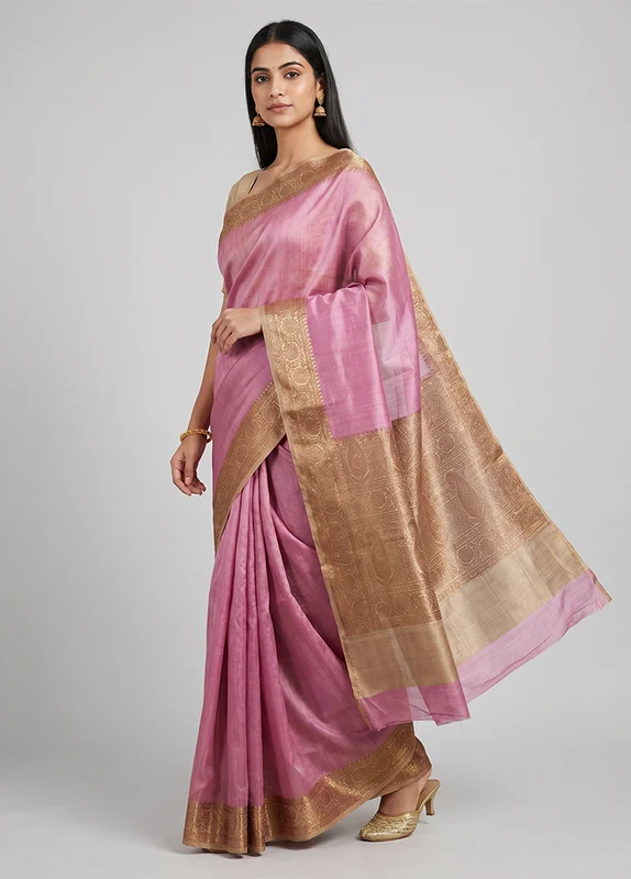 Purple Handloom Tussar Pure Silk Saree With Blouse Piece One Size