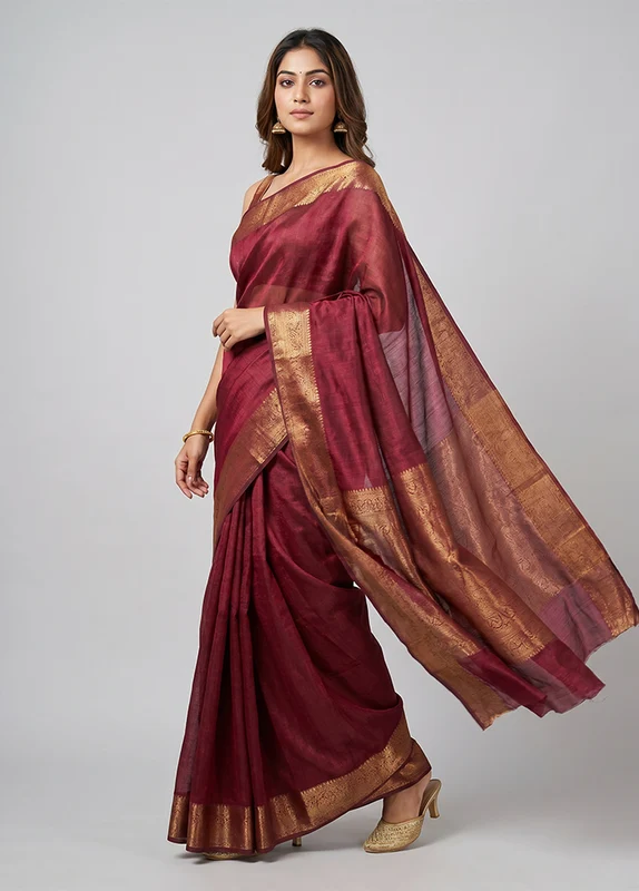 Maroon Handloom Tussar Pure Silk Saree With Blouse Piece One Size