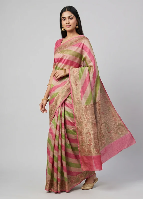 Multicolor Handloom Tussar Pure Silk Saree With Blouse Piece One Size