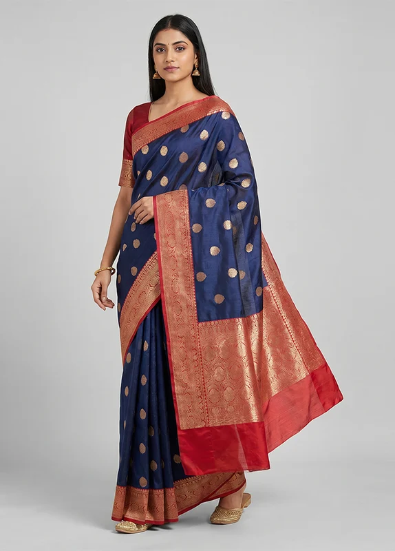 Blue Handloom Katan Pure Silk Saree With Blouse Piece One Size