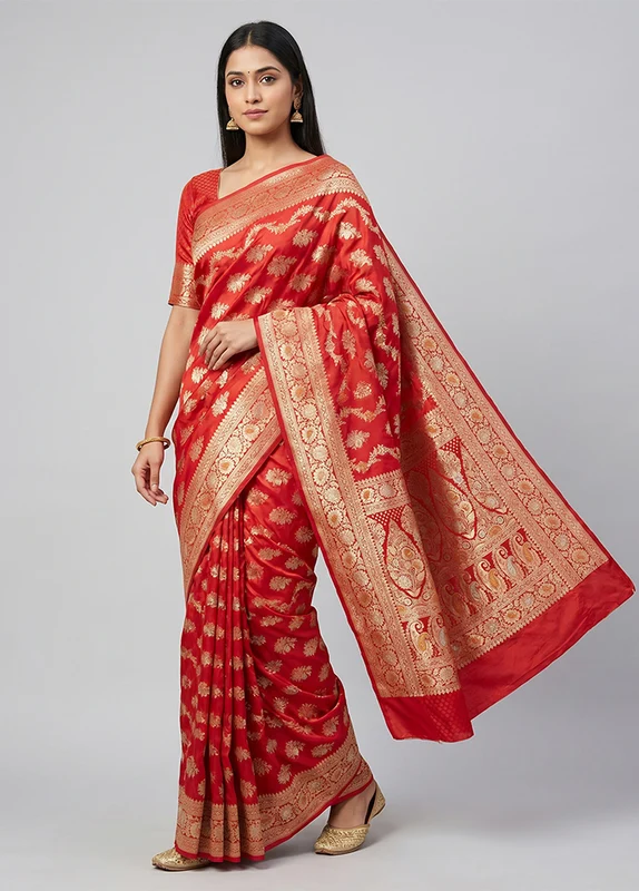 Red Handloom Banarasi Pure Silk Saree With Blouse Piece One Size