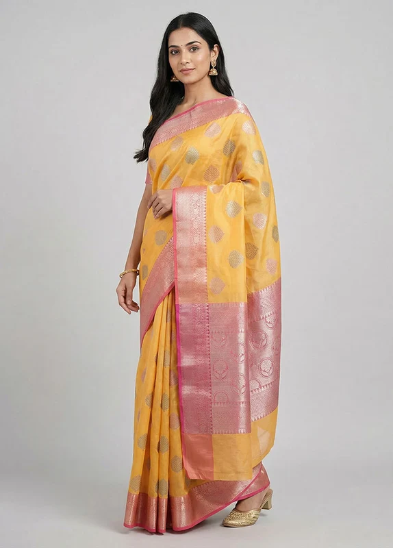 Peach Kora Silk Saree With Blouse Piece One Size