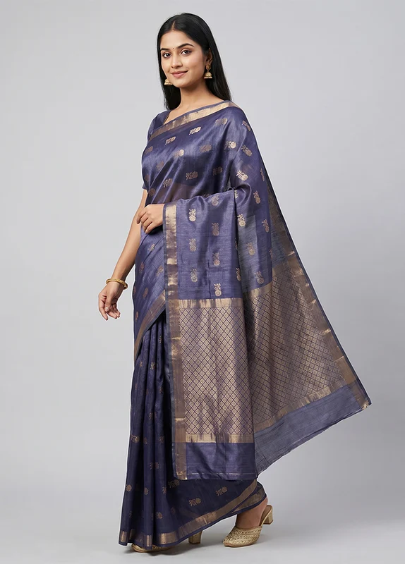 Blue Handloom Tussar Pure Silk Saree With Blouse Piece One Size