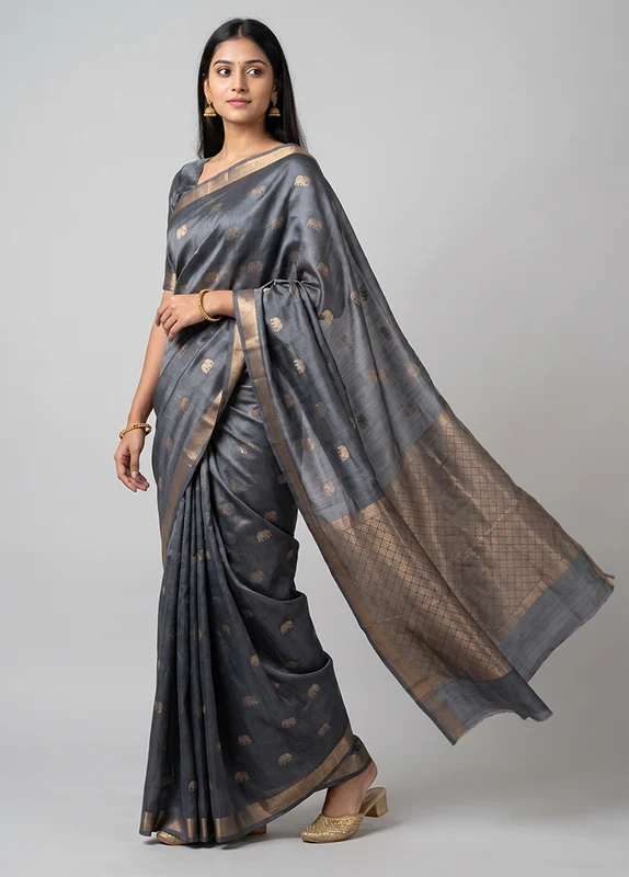 Grey Handloom Tussar Pure Silk Saree With Blouse Piece One Size