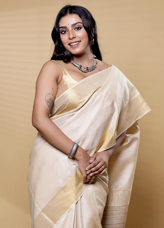 Cream Tussar Silk Saree With Blouse Piece Onesize
