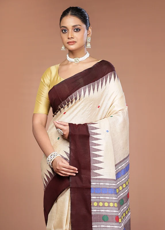 Cream Handloom Tussar Pure Silk Saree With Blouse Piece One Size