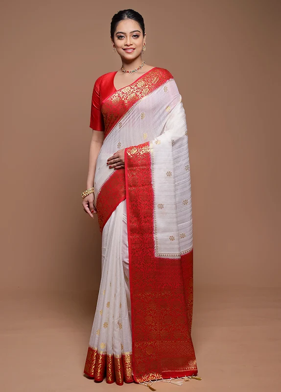 White Dupion Silk Saree With Blouse Piece Onesize