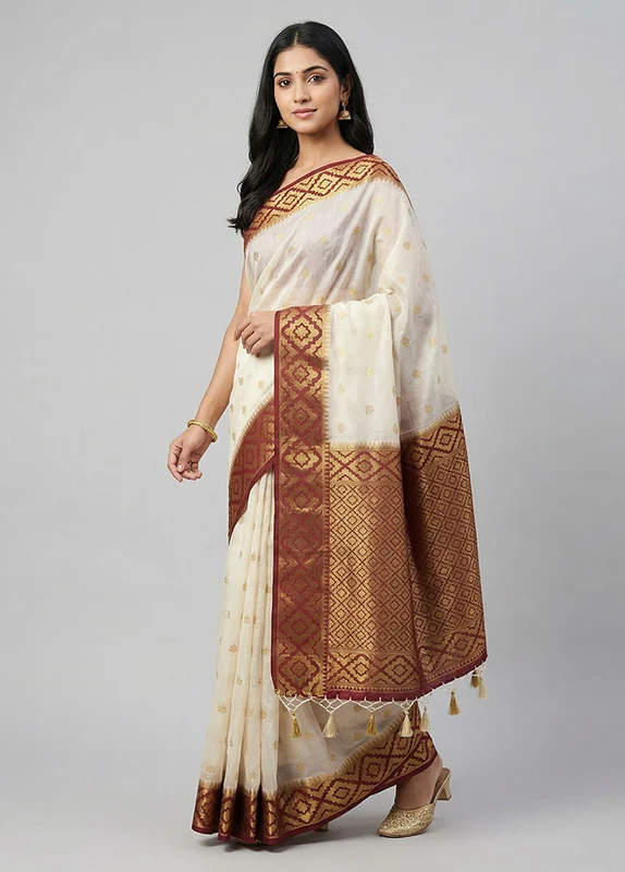 White Dupion Silk Saree With Blouse Piece One Size