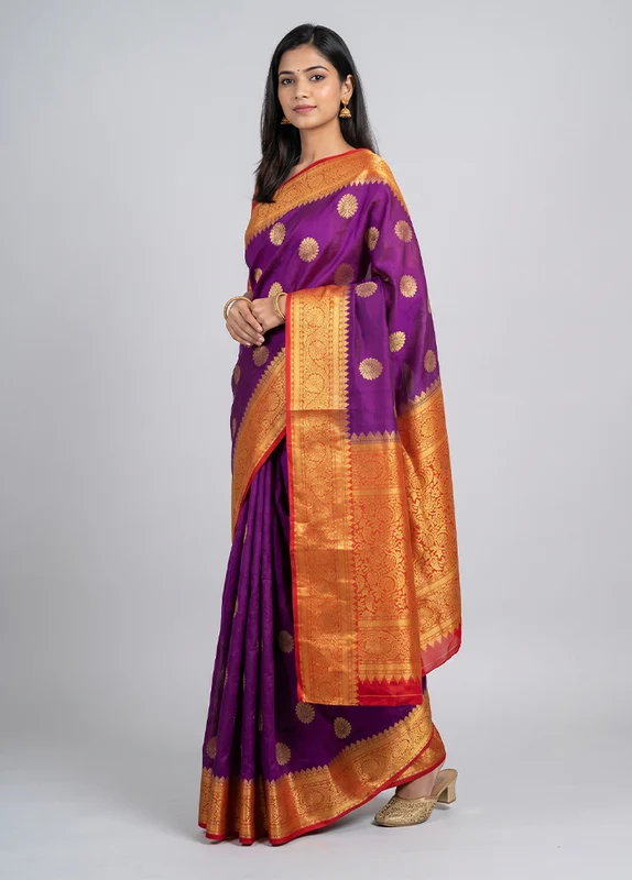 Purple Dupion Silk Saree With Blouse Piece One Size