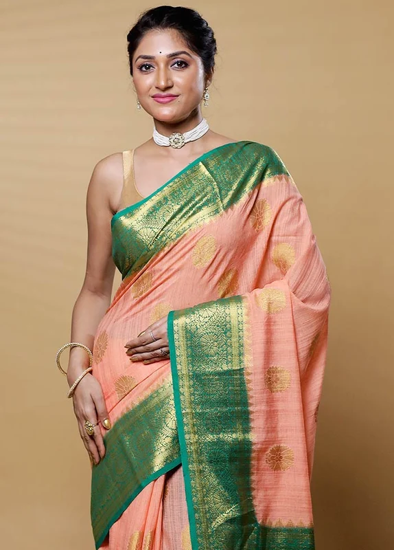 Peach Dupion Silk Saree With Blouse Piece Onesize