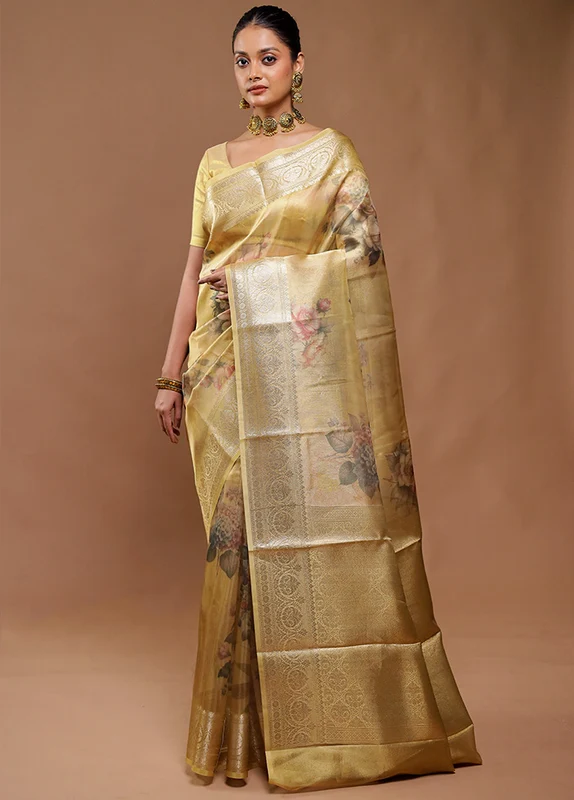 Golden Tissue Silk Saree With Blouse Piece Onesize