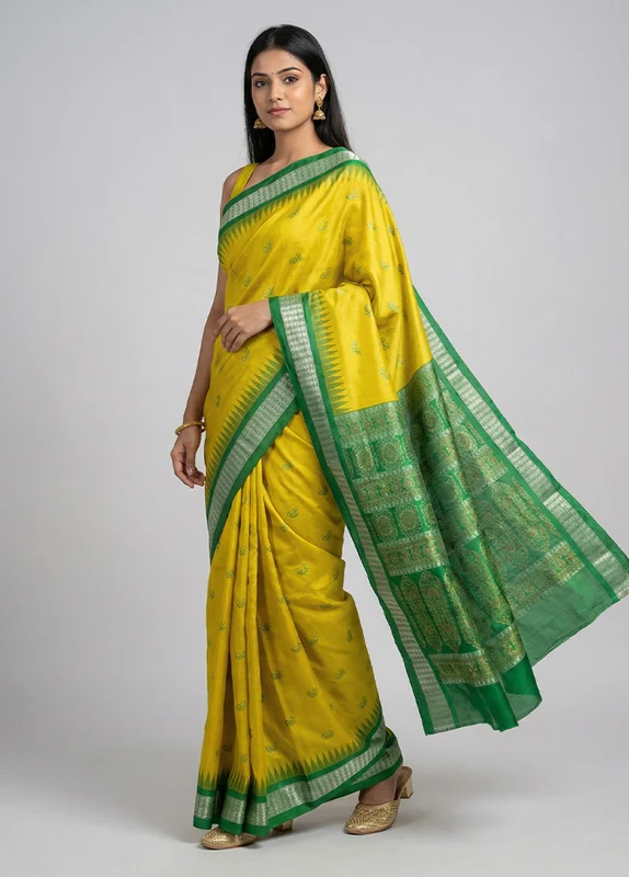 Yellow Handloom Bomkai Pure Silk Saree With Blouse Piece One Size