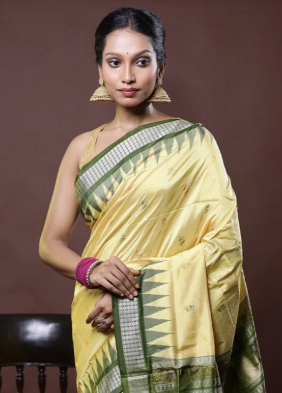 Yellow Handloom Bomkai Pure Silk Saree With Blouse Piece Onesize