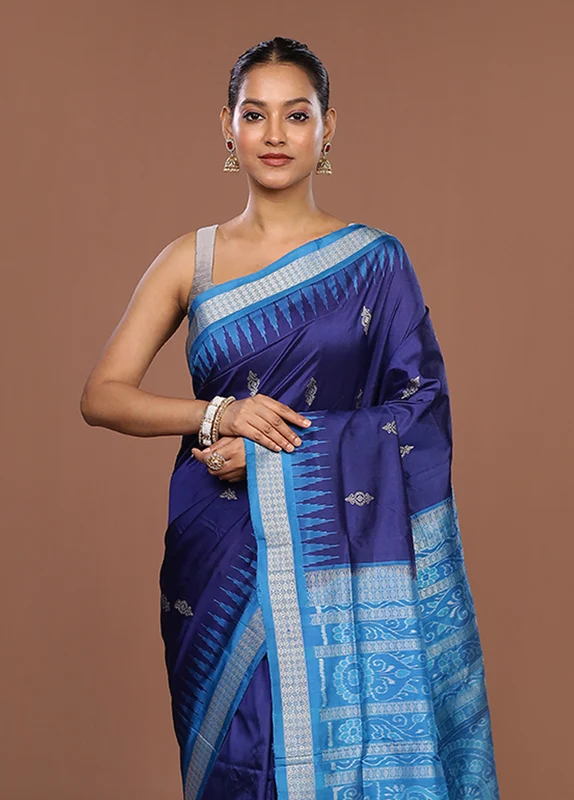 Blue Handloom Bomkai Pure Silk Saree With Blouse Piece One Size