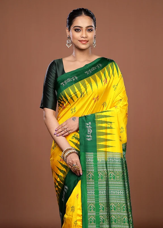 Yellow Handloom Bomkai Pure Silk Saree With Blouse Piece One Size
