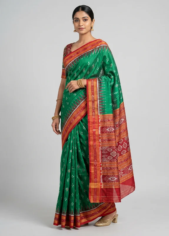 Green Handloom Patola Pure Silk Saree With Blouse Piece One Size