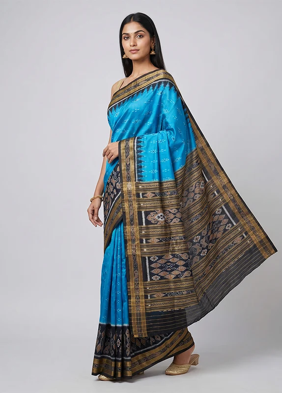 Blue Handloom Patola Pure Silk Saree With Blouse Piece One Size