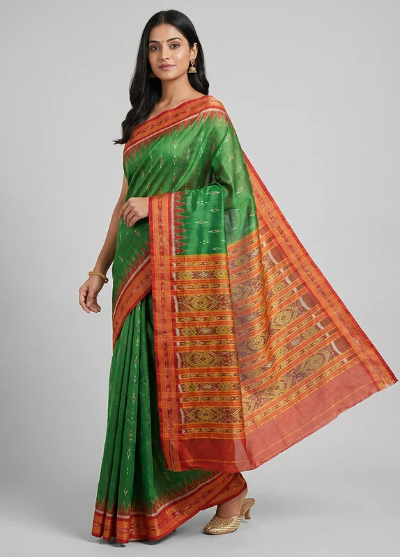 Green Handloom Patola Pure Silk Saree With Blouse Piece One Size