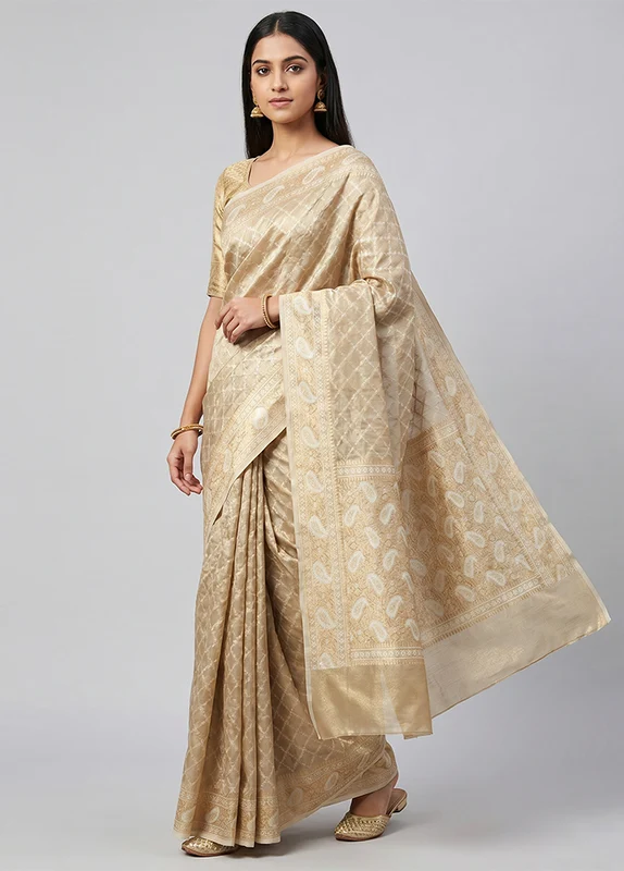 Cream Tissue Silk Saree With Blouse Piece One Size