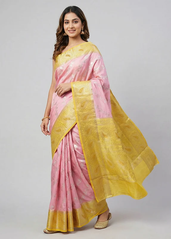 Pink Handloom Dupion Pure Silk Saree With Blouse Piece One Size