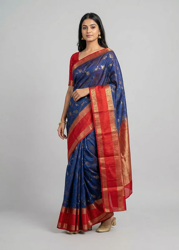 Blue Handloom Dupion Pure Silk Saree With Blouse Piece One Size