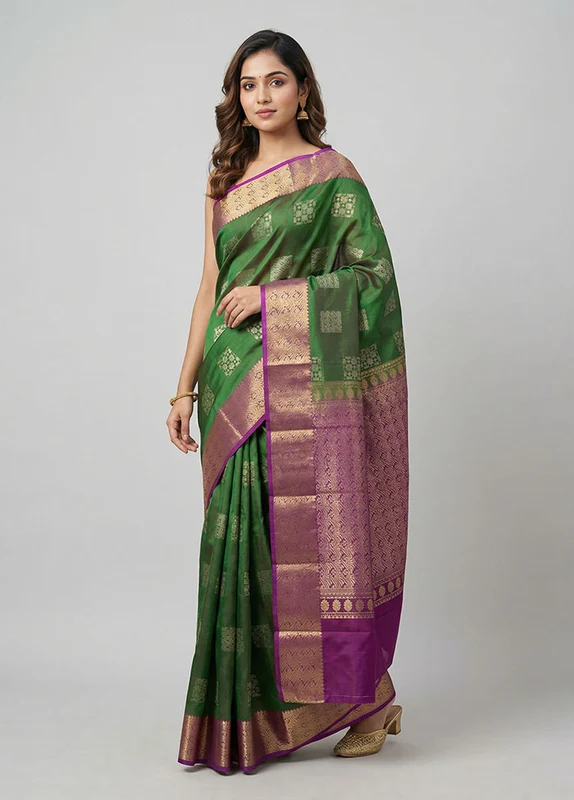 Green Handloom Kanjivaram Pure Silk Saree With Blouse Piece One Size