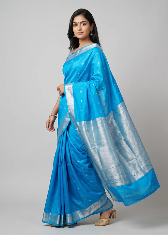 Blue Handloom Kanjivaram Pure Silk Saree With Blouse Piece One Size