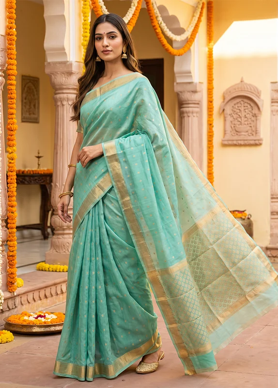 Green Handloom Kanjivaram Pure Silk Saree With Blouse Piece One Size