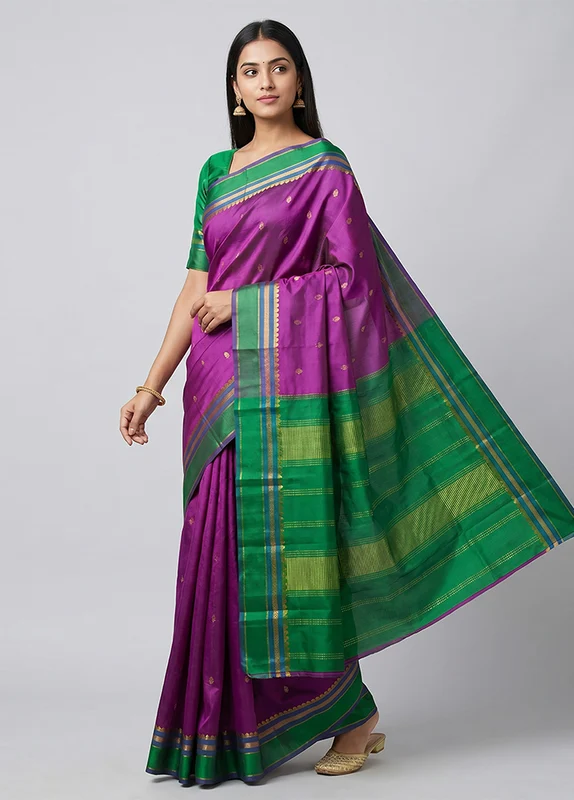 Purple Handloom Kanjivaram Pure Silk Saree With Blouse Piece One Size