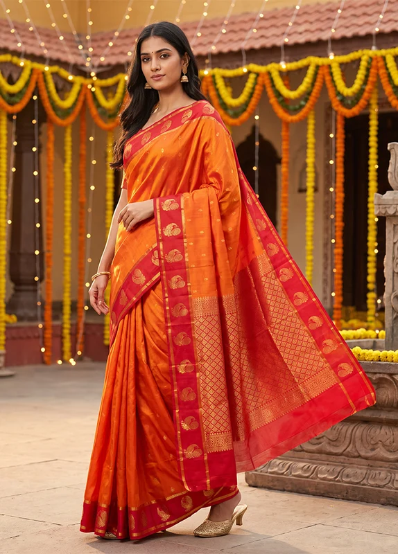Orange Handloom Kanjivaram Pure Silk Saree With Blouse Piece One Size