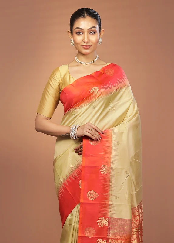 Cream Handloom Kanjivaram Pure Silk Saree With Blouse Piece Onesize