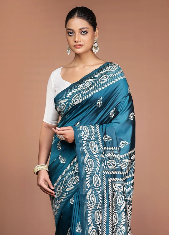 Green Handloom Kantha Stitch Pure Silk Saree With Blouse Piece One Size