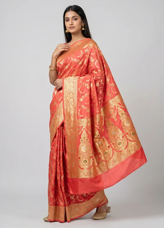 Pink Katan Silk Saree With Blouse Piece One Size