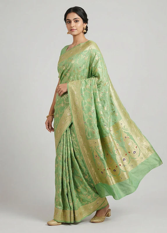 Green Katan Silk Saree With Blouse Piece One Size