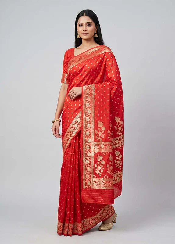 Red Katan Silk Saree With Blouse Piece One Size