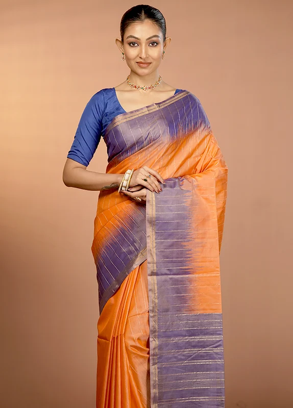Orange Handloom Kanjivaram Pure Silk Saree With Blouse Piece Onesize