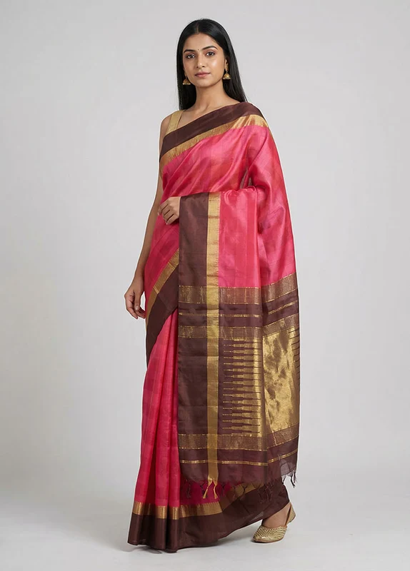 Pink Handloom Kanjivaram Pure Silk Saree With Blouse Piece One Size