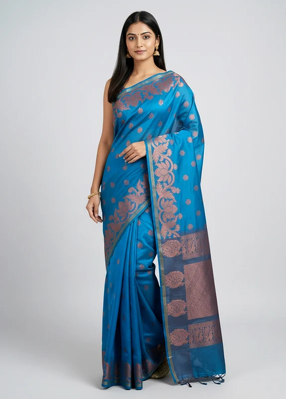 Blue Handloom Kanjivaram Pure Silk Saree With Blouse Piece One Size